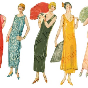 May include: Five women in vintage dresses from the 1920s. The women are wearing different styles of dresses, including a red dress with a fringed hem, a blue and white patterned dress, a dark green dress, a yellow dress, and a pink dress. The women are all holding fans.