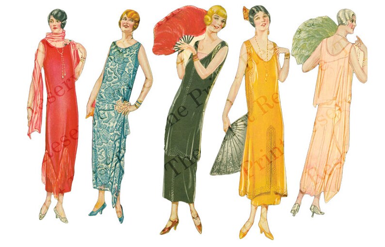 May include: Five women in vintage dresses from the 1920s. The women are wearing different styles of dresses, including a red dress with a fringed hem, a blue and white patterned dress, a dark green dress, a yellow dress, and a pink dress. The women are all holding fans.