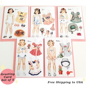 Juego de 5 tarjetas de felicitación de Paper Doll con sobres. Envío gratuito a EE. UU.