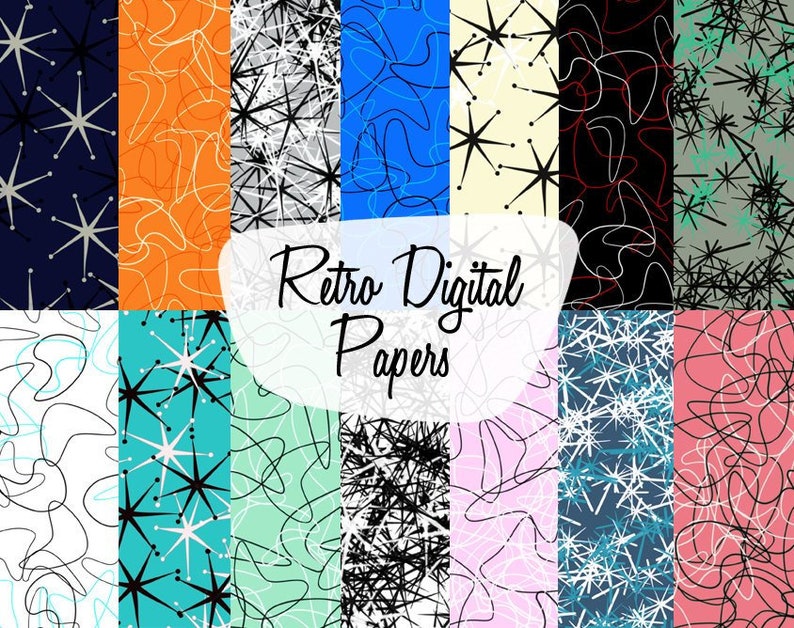 May include: A set of 12 digital papers featuring retro patterns in various colors, including blue, green, orange, black, white, and pink. The patterns include stars, abstract shapes, and lines. The text "Retro Digital Papers" is displayed in the center of the image.