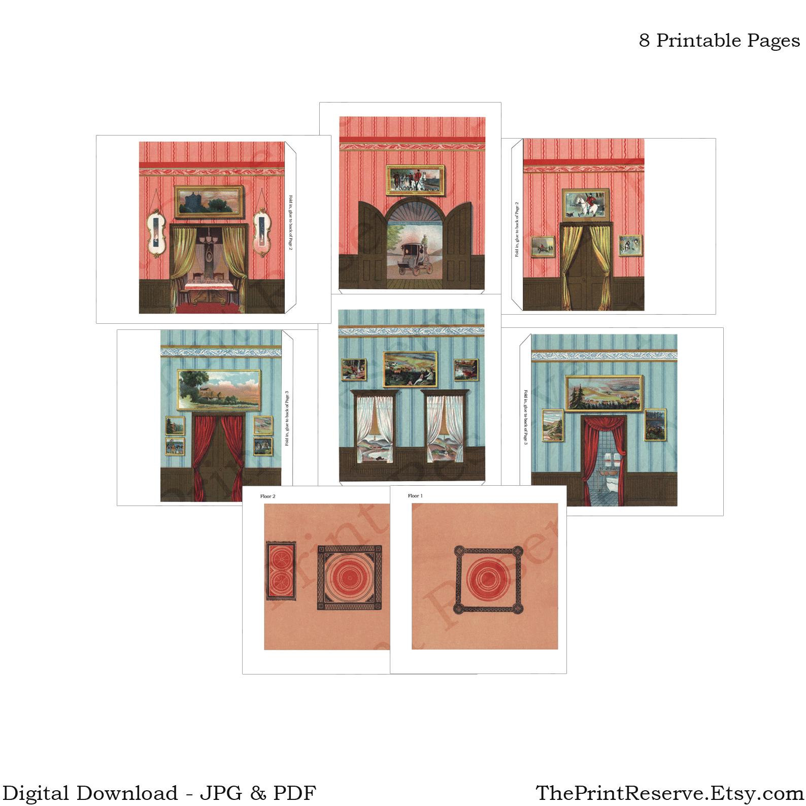 Printable Paper Dollhouse 2 Rooms House Walls Floors Instant Digital ...