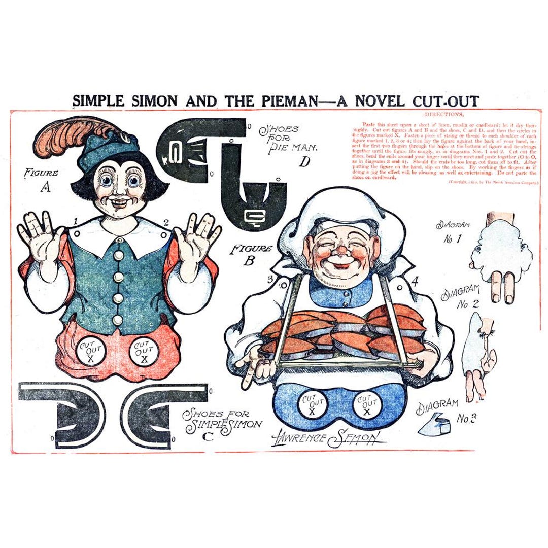Simon Pieman Simple Simon Pie Man Printable Paper Puppet Digital Download Art Image ...