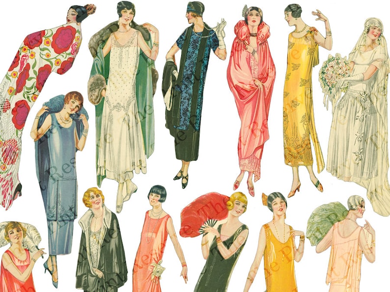May include: A collection of 12 vintage illustrations of women in various styles of dresses from the 1920s. The women are wearing dresses in a variety of colors, including red, blue, green, yellow, and white. Some of the women are wearing hats, and some are holding accessories, such as fans and flowers.