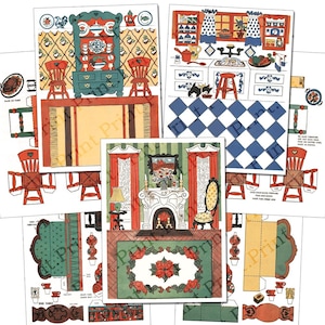 May include: A vintage paper dollhouse set featuring various rooms, including a kitchen, living room, and fireplace. The set includes furniture, a rug, and a fireplace. The paper dollhouse is printed on white paper with colourful illustrations.