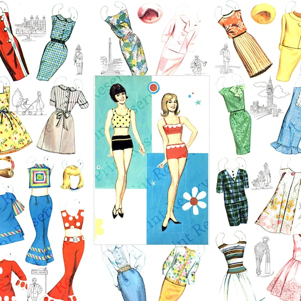 Paper Dolls Printable 1960s Mod Instant Digital Download Image