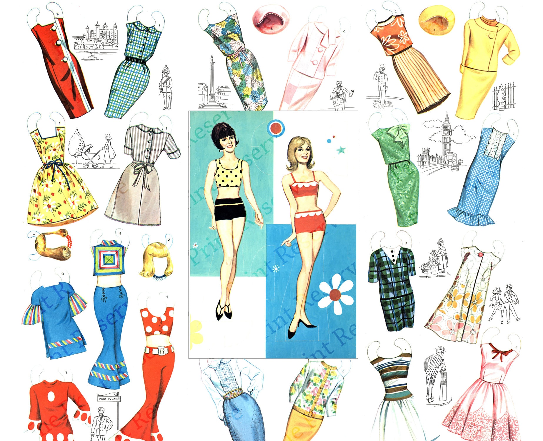 Paper Dolls Printable 60s Mod Instant Download -