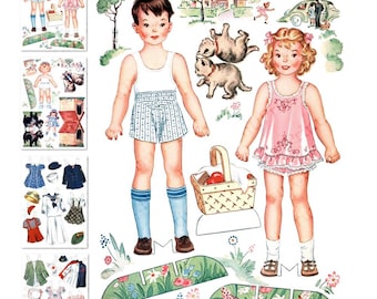 May include: A vintage-style paper doll set featuring a boy in a white tank top and blue striped shorts with blue socks, and a girl in a pink ruffled dress. Includes accessories like a picnic basket, two dogs, a house, and various clothing items.