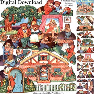 Three Bears Printable Goldilocks and 3 Bears Paper Dolls Retro Image Item #622