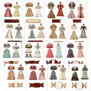 Könnte beinhalten: Ein Vintage-Papierpuppenset mit 10 verschiedenen Outfits für eine Frau. Jedes Outfit ist auf separatem Papier gedruckt und beinhaltet ein Kleid, einen Hut und Accessoires. Die Outfits sind in verschiedenen Farben und Mustern, darunter Rot, Blau, Grün und Gelb.
