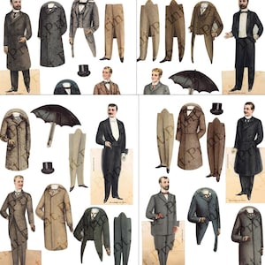 Puede incluir: Una colección de muñecos de papel vintage con atuendos formales e informales para hombres. Los conjuntos incluyen abrigos, trajes, pantalones y accesorios como sombreros de copa y paraguas. La paleta de colores incluye tonos de marrón, gris y negro.