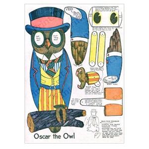 May include: Vintage paper craft kit featuring "Oscar the Owl." The owl is depicted in a blue suit, striped pants, and a top hat. Includes cut-out pieces for assembly, wings, feet, and a log base. Text includes "Cut This Out" and "Oscar the Owl."