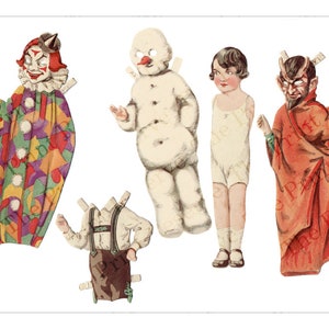 Puede incluir: Un conjunto de mu&ntilde;ecas de papel vintage con cinco personajes: un payaso, un mu&ntilde;eco de nieve, una ni&ntilde;a, un diablo y un ni&ntilde;o con pantalones de cuero. Las mu&ntilde;ecas est&aacute;n impresas en papel grueso y tienen trajes coloridos.