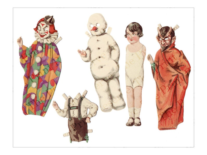 Puede incluir: Un conjunto de mu&ntilde;ecas de papel vintage con cinco personajes: un payaso, un mu&ntilde;eco de nieve, una ni&ntilde;a, un diablo y un ni&ntilde;o con pantalones de cuero. Las mu&ntilde;ecas est&aacute;n impresas en papel grueso y tienen trajes coloridos.
