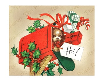 Printable Retro Christmas Card Dog in Mailbox Instant Download Vintage Image Holiday Card