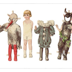 Puede incluir: Un conjunto de mu&ntilde;ecas de papel vintage con cuatro personajes: una ni&ntilde;a con un vestido blanco, una cig&uuml;e&ntilde;a con botas rojas, un payaso con un traje azul y blanco y un s&aacute;tiro con un traje marr&oacute;n con uvas y hojas. Los personajes est&aacute;n recortados y listos para jugar.