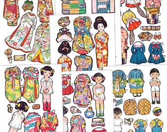 Japan Paper Doll Family 7 Printable Pages Clipart Dollhouse Digital Download #301