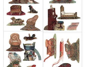 May include: A collection of vintage paper cutouts depicting furniture and pets. The furniture includes chairs, tables, a bed, and a piano. The pets are dogs and a cat. The color scheme is muted, with browns, reds, and greens.