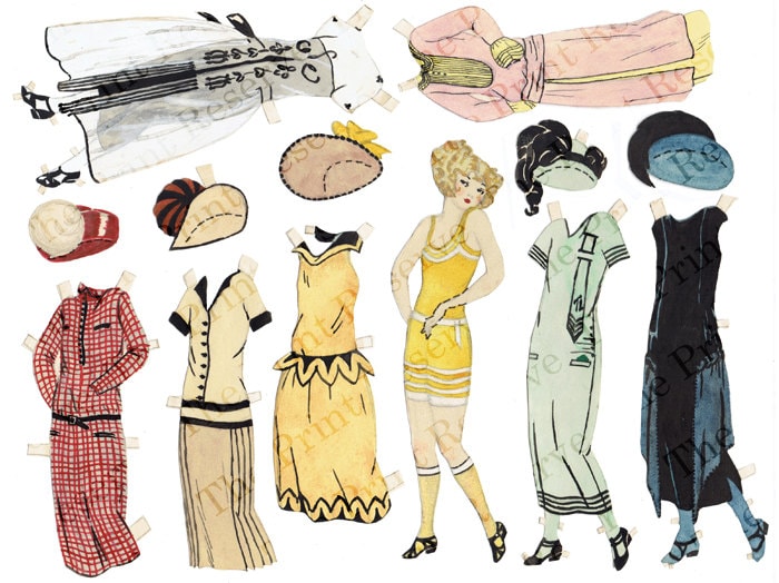 Paper Doll Printable Hand Drawn Art Deco Flapper Instant Digital