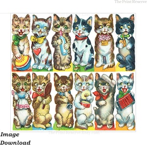 May include: A digital download of 10 vintage illustrations of cats playing with various objects. The cats are all in different poses and have different expressions. The illustrations are in a cartoon style and are colorful.