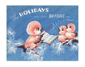 Printable Retro Christmas Card Dog with Gift Instant Download Vintage Image Holiday Card
