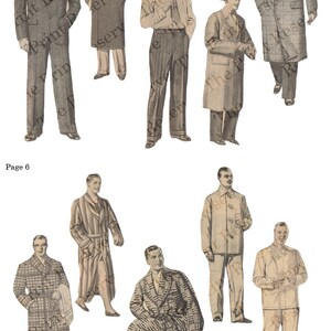 Może przedstawiać: Zbi&oacute;r vintage ilustracji przedstawiających mężczyzn w r&oacute;żnych stylach ubioru. Ilustracje są czarno-białe i mają vintage'owy charakter. Mężczyźni noszą garnitury, płaszcze i szlafroki.