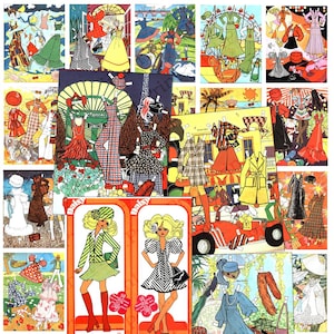 May include: A collage of vintage paper dolls and fashion illustrations. The images feature various outfits, including dresses, coats, and suits, in a range of colors and patterns. The style is reminiscent of 1970s fashion, with bold colors and geometric designs.