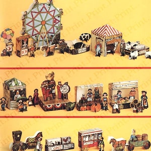 May include: A colorful paper craft scene depicting a vintage carnival or fair. The scene includes a Ferris wheel, food stalls, farm animals, and various figures. The text on the stalls reads "Pigs", "Judges Tent", "Ice Cream", "Vegetables & Fruits", and "Quilts & Blankets".