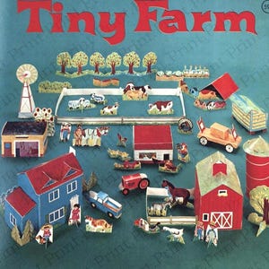 May include: A papercraft set labelled "Tiny Farm" with a variety of farm-themed elements. The set includes a blue house, red barn, tractor, animals, and trees. The design has a vintage feel, suitable for crafting or educational purposes.