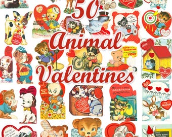 50 Vintage Valentine Cards Animals Printable Digital Download Retro