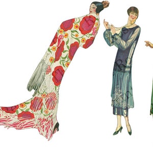 May include: Three women in vintage clothing from the 1920s. The woman on the left is wearing a long, flowing dress with a floral pattern. The woman in the middle is wearing a blue dress with a white collar and a white belt. The woman on the right is wearing a green dress with a gold belt.