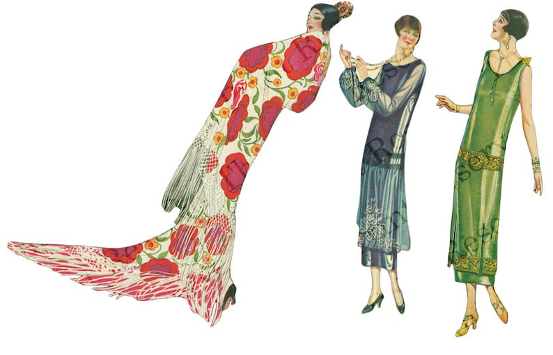 May include: Three women in vintage clothing from the 1920s. The woman on the left is wearing a long, flowing dress with a floral pattern. The woman in the middle is wearing a blue dress with a white collar and a white belt. The woman on the right is wearing a green dress with a gold belt.