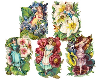Ragazze con i fiori vittoriane stampabili: litografia antica (download digitale 5,5" x 5,5")