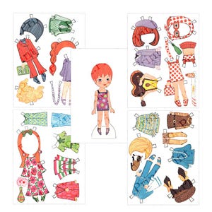 May include: A paper doll set featuring a red-haired girl with various outfits, including a floral dress, a striped shirt, and a blue dress with a cat. The set also includes accessories like a guitar, a purse, and a hat.