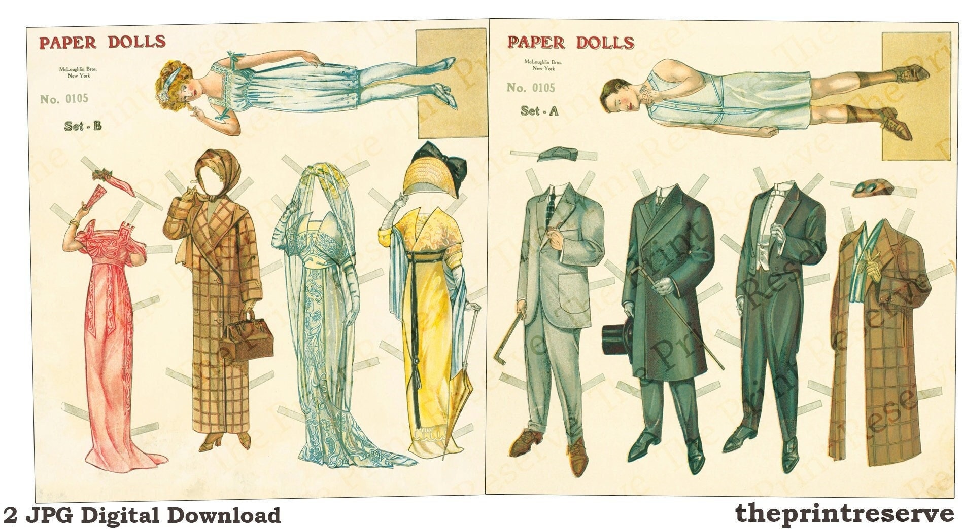 Antique Paper Doll Prints Man & Woman Instant Digital Download