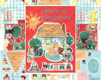 May include: A vintage paper doll playhouse with a blue and white exterior, a red roof, and a yellow sun. The playhouse has a chimney, a door, and windows. The paper doll playhouse is surrounded by trees, flowers, and a train. The text "playtime playhouse" is printed on the front of the playhouse.