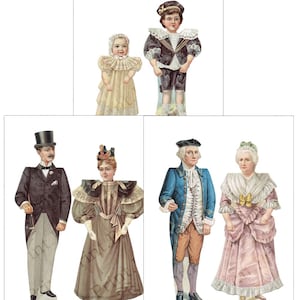 May include: A vintage paper doll set featuring six figures dressed in various historical styles. The figures include a man in a top hat and tails, a woman in a long dress, a man in a colonial-era suit, a woman in a long dress with a lace collar, a young boy in a sailor suit, and a young girl in a white dress.