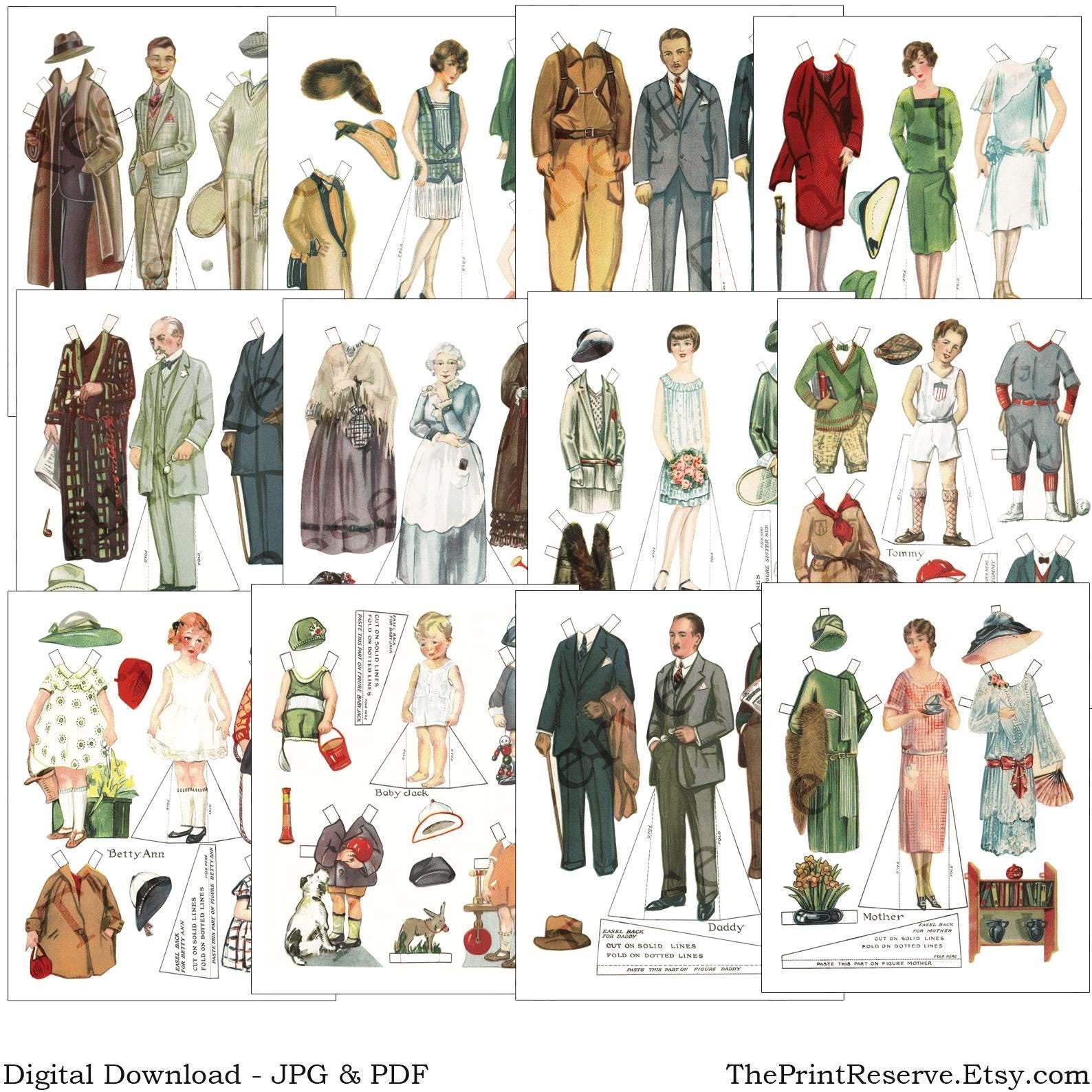 Printable Paper Doll Family Digital Download 1920s Antique Art