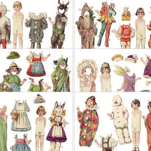 Puede incluir: Un conjunto de mu&ntilde;ecas de papel vintage con varios trajes y accesorios. Las mu&ntilde;ecas est&aacute;n vestidas con una variedad de atuendos, que incluyen una cig&uuml;e&ntilde;a, un payaso, un hada, un mu&ntilde;eco de nieve y un diablo. El conjunto incluye una variedad de accesorios, como sombreros, alas y varitas.