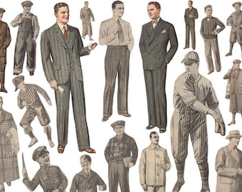 Może przedstawiać: Kolekcja ilustracji w stylu vintage przedstawiająca różne męskie postacie w strojach z początku XX wieku, w tym garnitury w paski, stroje baseballowe, płaszcze w kratę, ogrodniczki i odzież wizytową, wszystko w odcieniach sepii.