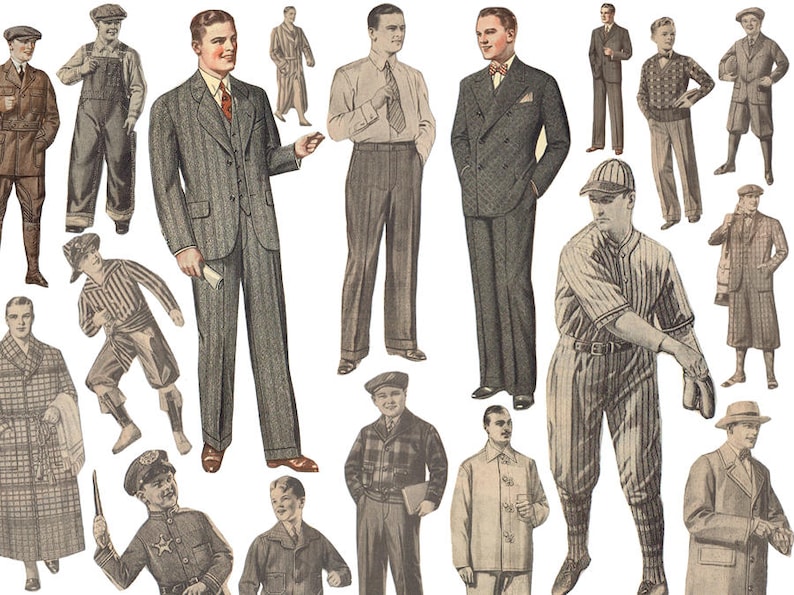 Może przedstawiać: Kolekcja vintage ilustracji przedstawiających mężczyzn w r&oacute;żnych stylach ubioru. Ilustracje są czarno-białe i przedstawiają r&oacute;żne rodzaje kapeluszy, garnitur&oacute;w, koszul i spodni.