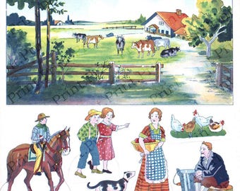 Farm Scene Paper Doll Digital Download Japanese Art Print Printable
