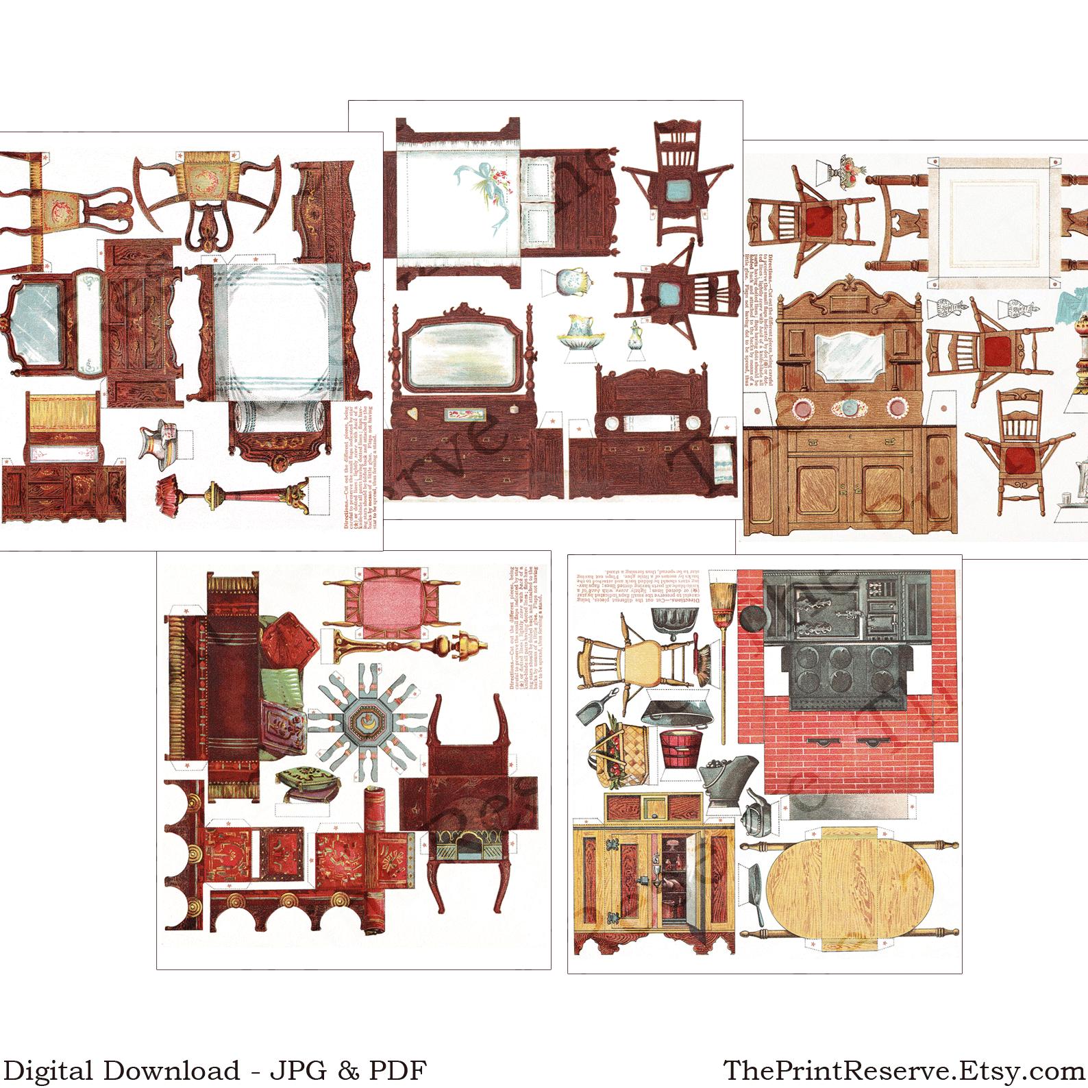 Paper Dollhouse Furniture Miniature Antique Printable Set (PDF) - Etsy