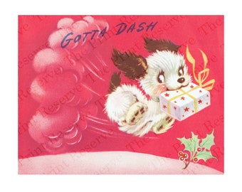Printable Retro Christmas Card Dog with Gift Instant Download Vintage Image Holiday Card