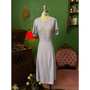 Vintage 1930s 1940s Floral Print Cotton Dress Puff Sleeves Button Front Side Closure
