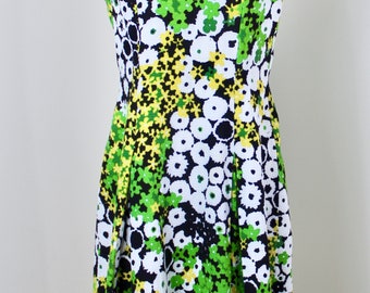 Vintage 1960s A-Line Dress size Medium Waffle Weave Cotton Flower Power Kick Pleats Sleeveless Spring Break Floral