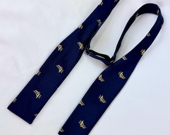 Vintage Narrow SEA Bow Tie Navy Blue with Sailboats Adjustable Prom Wedding Groomsmen Nautical Preppy