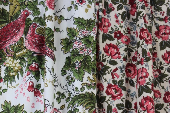 3 Panels Vintage Cotton Curtains Drapes Cranberry Red Flowers Etsy