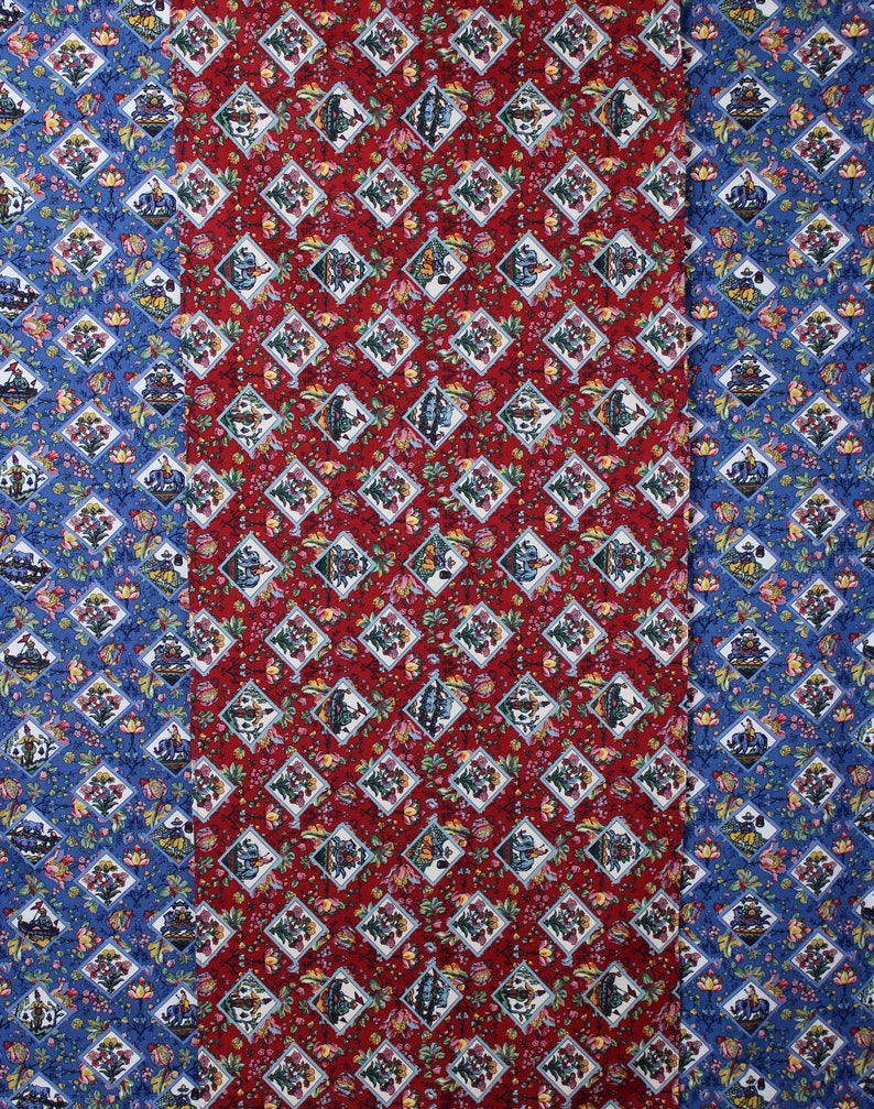Interior Designer Tablecloth and Runner in Contrasting Red White and Blue Cotton Farmhouse Raj India Elephants Water Buffalo Floral