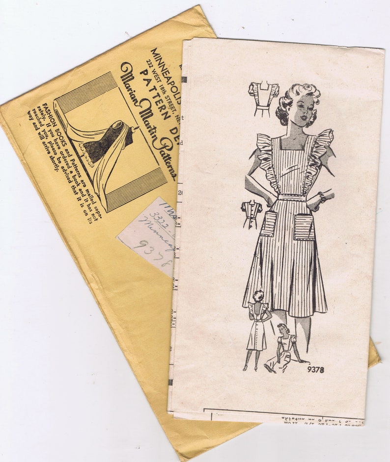Uncut 1940/'s Marian Martin Pattern 9378 Ruffled Sundress size 20 House Dress Low Button Up Back Patch Pockets