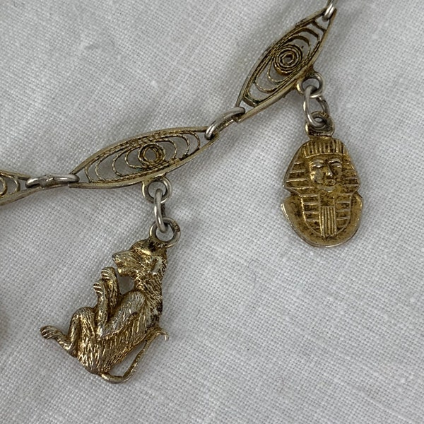 Vintage Filigree Links Charm Bracelet Brass North Africa Animals Elephant Camel Sphinx Handmade Excellent Condition